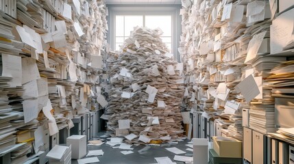 Poster - Overwhelming Office Space Filled with Disorganized Papers and Files Piling Up in a Chaotic Environment with Natural Light Streaming In