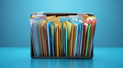 Poster - Colorful File Folders in a Metal Document Holder, Representing Digital Document Management Concepts and Efficient Organization Techniques