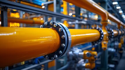 Poster - Inside a cutting-edge industrial facility, vibrant yellow pipes and robust equipment highlight the intricacies of modern engineering