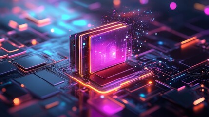 Poster - Abstract visualization of digital document management system with glowing memory chips and vibrant colors on a futuristic circuit board