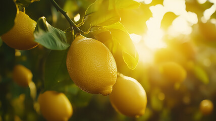 Lush lemon tree with ripe lemons glowing in sunlight, creating warm and inviting atmosphere. Perfect for showcasing organic produce and nature beauty