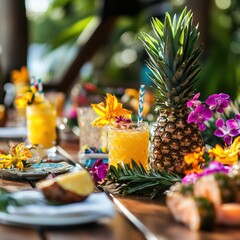 Aufkleber - Delightful summer picnic with fresh pineapples and vibrant tropical drinks for a relaxing day outdoors. Generative AI