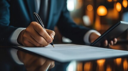 Poster - Businessman in Suit Using Tablet to Sign Document in Modern Office Environment with Warm Lighting and Professional Atmosphere