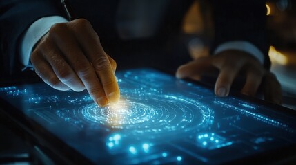 Poster - businessman using tablet to sign important document in modern office environment with digital interf