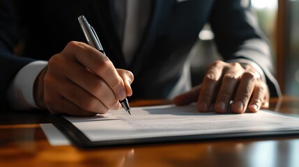 Poster - Businessman Using Tablet to Digitally Sign Important Document at Desk in Modern Office Setting with Warm Lighting and Professional Atmosphere