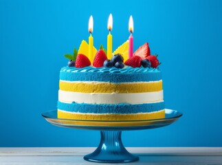 Brightly decorated birthday cake with fresh fruit and candles on a blue background perfect for celebrations