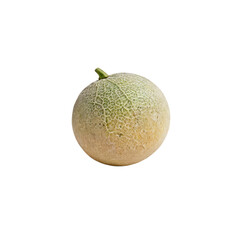 Wall Mural - Cantaloupe Melon: A single, ripe cantaloupe melon sits center frame, showcasing its pale yellow-orange rind and delicate netting.  The small green stem adds a touch of freshness.