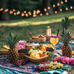 Aufkleber - Summer picnic setting with pineapples and tropical drinks at a vibrant outdoor gathering. Generative AI