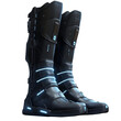 © yendisupiandi - A pair of sleek futuristic cybernetic boots with glowing blue accents are presented against a stark black background.