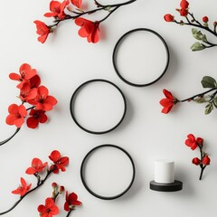 Wall Mural - Top view of black round frames with red flowers on white background.