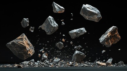 Aufkleber - 3D rendered objects, including stones and debris, set against a black background, showcasing a dramatic and abstract representation of destruction.