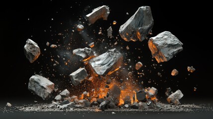 Aufkleber - 3D rendered objects, including stones and debris, set against a black background, showcasing a dramatic and abstract representation of destruction.
