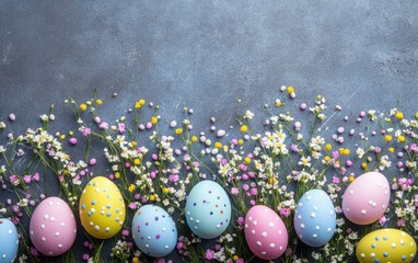 Wall Mural - A vibrant display of assorted Easter eggs arranged neatly on a table, celebrating the festive spirit of the holiday.