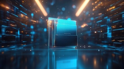 Poster - futuristic digital file storage system in online management environment featuring neon lights and da