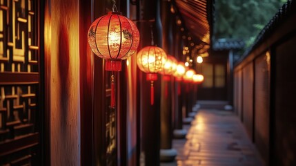 Poster - A beautiful corridor illuminated by glowing red lanterns, creating a captivating and warm atmosphere filled with traditional charm.