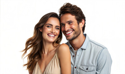 Charming Smiling Couple in Casual Style -  Portrait of a joyful couple in casual attire, smiling warmly and showcasing a strong connection against a bright white backdrop.
