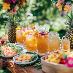 Aufkleber - Summer picnic celebration featuring refreshing tropical drinks and fresh fruit in a vibrant natural setting. Generative AI