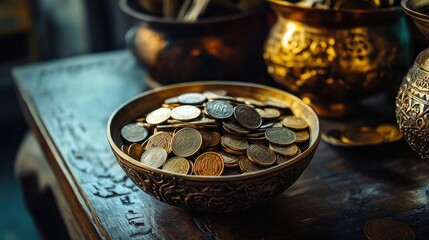Poster - A beautifully adorned table featuring a decorative bowl full of coins, creating an aura of wealth, success, and prosperity.