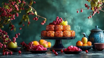 Poster - A beautifully arranged display of mooncakes with tea and seasonal fruits, capturing the essence of the Chinese Mid-Autumn Festival celebrations.