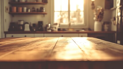 Aufkleber - A blurred light brown wooden table, surrounded by a modern vintage kitchen setting, exuding warmth and charm for a cozy dining experience.