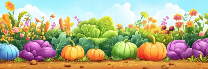Aufkleber - Lush vegetable garden filled with vibrant pumpkins, cabbages, and fresh carrots surrounded by colorful flowers in bright sunlight. Generative AI