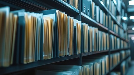 Poster - organized filing system with numerous folders on shelves, showcasing a digital document storage envi