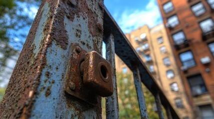 Poster - A close-up of a weathered metal gate with a rusty lock, capturing the essence of urban decay and the passage of time in a deteriorating environment.