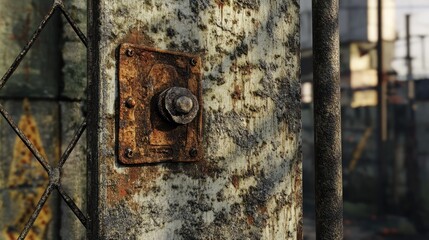 Poster - A close-up of a weathered metal gate with a rusty lock, capturing the essence of urban decay and the passage of time in a deteriorating environment.