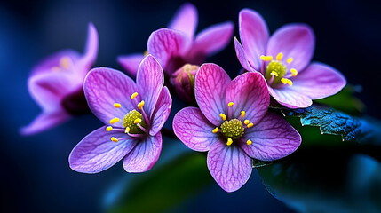 Sticker - A vibrant cluster of pink flowers with delicate petals and yellow centers, set against a dark background, highlighting their beauty and detail.