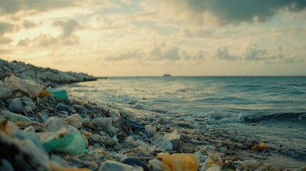 Poster - A close-up of plastic waste piled up on a beach, highlighting the role of pollution in environmental destruction and global warming.