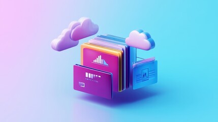 Poster - online document management database with colorful documents and cloud storage illustration on gradie