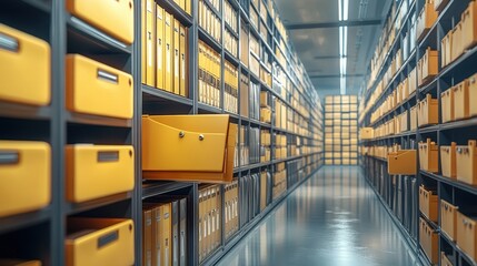 Poster - Efficient Document Management System in a Digital Archive with Organized Yellow Folders and Clear Pathway for Easy Access to Files