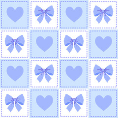 Poster - Seamless pattern with blue  bows and  blue  hearts on white and blue checkerboard pattern background.