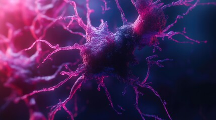Poster - A close-up, vivid view of a cancer cell under a microscope, showcasing its detailed structure with pink and purple filaments against a dark background.