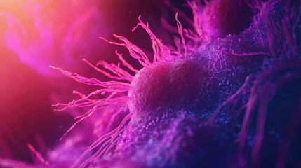 Poster - A close-up, vivid view of a cancer cell under a microscope, showcasing its detailed structure with pink and purple filaments against a dark background.