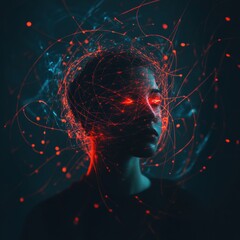 Fototapete - Person encapsulated in dynamic swirling lines and abstract shapes with glowing elements during a creative art exploration session. Generative AI
