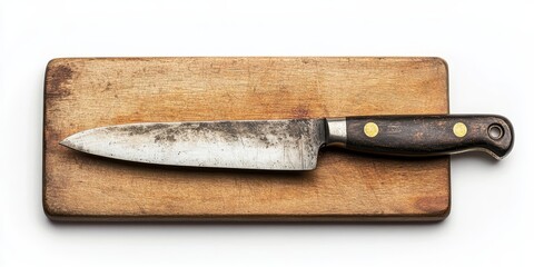 Antique kitchen knife with a weathered blade positioned on a rustic wooden cutting board centered against a white background