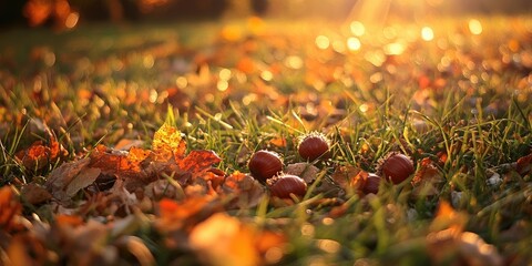 Wall Mural - Golden autumn grass scattered with fallen orange and yellow leaves, featuring chestnuts in the foreground, softly illuminated by sunlight.