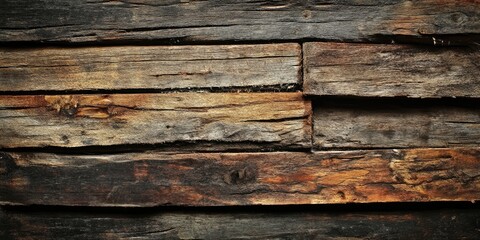 Wall Mural - Rustic wooden background with narrow horizontal boards displaying rich textures and rough edges in various shades of brown and dark tones.