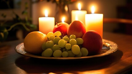 Poster - A decorative plate filled with fresh fruits and lit candles, creating a cozy and inviting ambiance that radiates warmth and comfort.