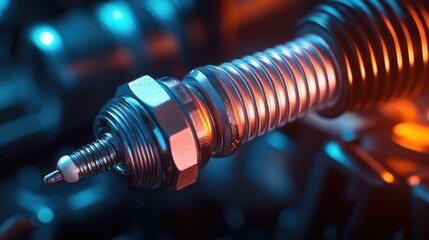 Poster - A detailed close-up of a spark plug, with metallic textures and vibrant lighting, emphasizing its importance in engine performance and engineering.