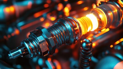 Poster - A detailed close-up of a spark plug, with metallic textures and vibrant lighting, emphasizing its importance in engine performance and engineering.