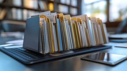 Poster - organized file folders on laptop, document management system for online database and efficient docum