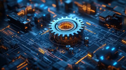 Poster - conceptual representation of business success target projects with gears and technology elements for