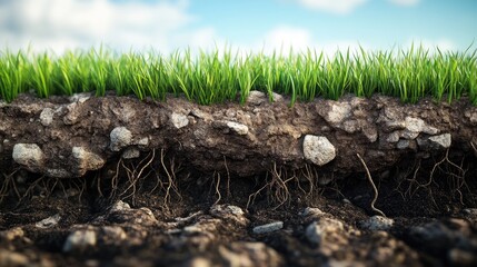 Poster - A detailed render showing the cross-section of grass roots in a trapezoidal shape, showcasing soil texture and plant biology in a scientific, close-up view