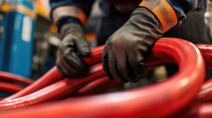 Poster - A detailed shot of a worker in gloves working with red hoses, reflecting the importance of equipment maintenance and fuel management in industry.