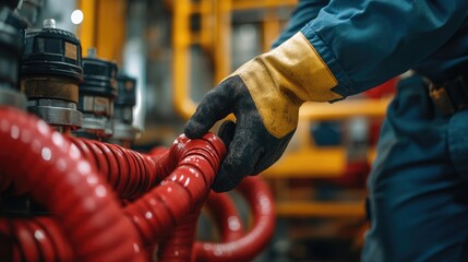 Poster - A detailed shot of a worker in gloves working with red hoses, reflecting the importance of equipment maintenance and fuel management in industry.