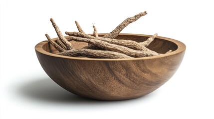 Poster - A detailed shot of Siberian Ginseng roots in a wooden bowl, isolated on a white background, symbolizing natural remedies and holistic health practices.