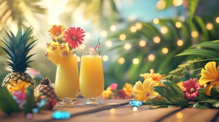 Aufkleber - Summer picnic filled with tropical drinks and fresh pineapples among vibrant flowers in a sunny outdoor setting. Generative AI