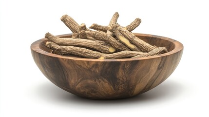Poster - A detailed shot of Siberian Ginseng roots in a wooden bowl, isolated on a white background, symbolizing natural remedies and holistic health practices.